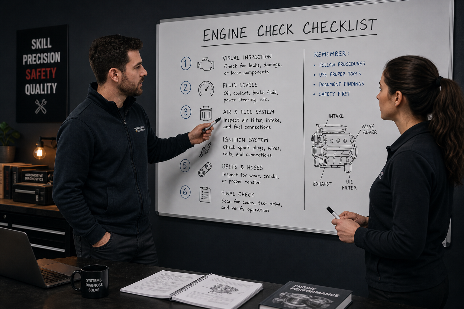 Kollegen besprechen Messwert-Checkliste an einer Tafel