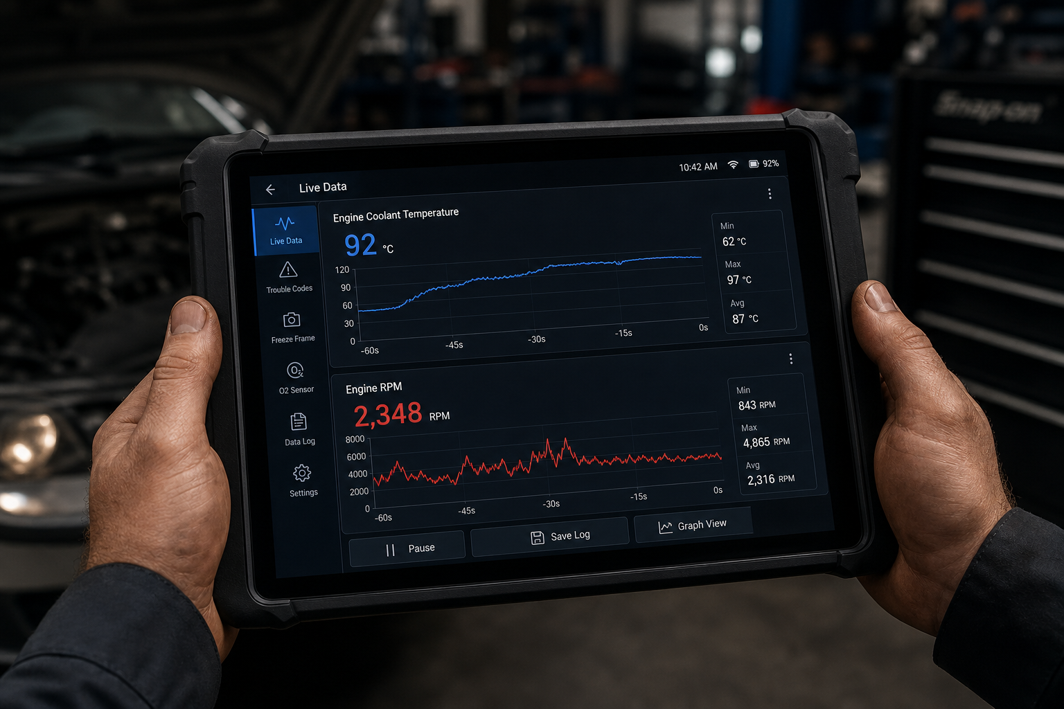 Tablet mit Motordiagnose-Diagramm in den Händen eines Nutzers