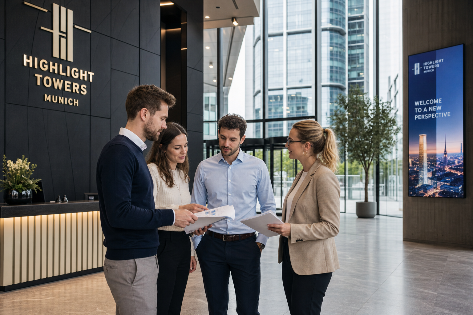 Kleine Gruppe im Lobbybereich des Münchener Bürocenters