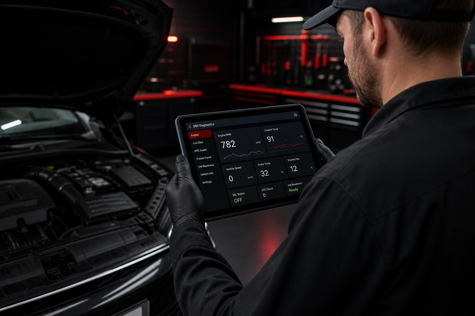 Techniker zeigt Motordiagnosedaten auf einem Tablet in der Werkstatt